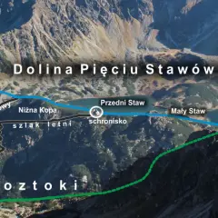 Trasa do Doliny Pięciu Stawów Polskich od Świstowej Czuby. Szlak zimowy (niebieski) i letni (zielony) prowadzą przez Dolinę Roztoki do schroniska i stawów.