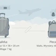 Porównanie walizki i plecaka jako bagaż podręczny. Walizka: 55x38x20 cm, 7 kg. Plecak: 40x30x15 cm.