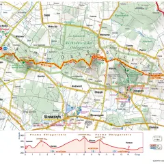 Mapa szlaku turystycznego główny szlak świętokrzyski, z zaznaczonymi punktami, odległościami i profilami terenu.