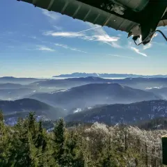Widok z wieży widokowej na Beskid Wyspowy. W dole lasy i doliny, w oddali pasmo górskie. To najładniejszy szlak na Mogielicę.