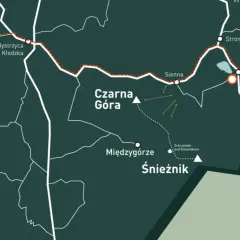 Mapa szlaków turystycznych. Zaznaczona trasa prowadzi przez Bystrzycę Kłodzką, Czarną Górę i Śnieżnik. Punktem docelowym jest Jagodna.