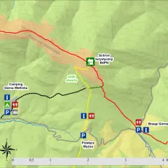 Mapa turystyczna z zaznaczonym szlakiem na Połoninę Wetlińską. Widoczny camping, schronisko i parking.