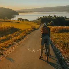 Zachód słońca nad jeziorem, rowerzysta na ścieżce. Piękny widok na Velo Czorsztyn.