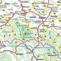 Mapa przedstawia **Beskid Niski atrakcje**: szlaki, miejscowości jak Gorlice, Krosno, Sanok, Dukla, Magurski Park Narodowy.