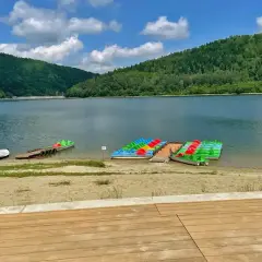 Kolorowe rowery wodne i kajaki czekają na plaży nad górskim jeziorem.
