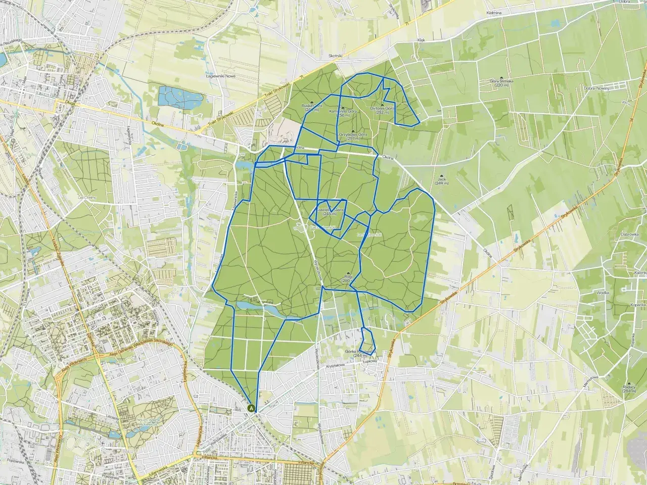 Mapa z zaznaczonymi trasami rowerowymi w lesie. Widoczne drogi, ścieżki i punkty orientacyjne.