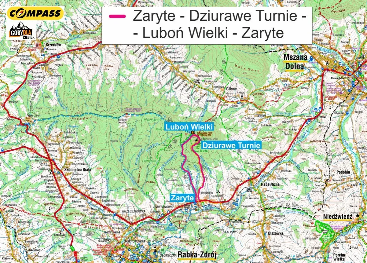 Trasa Zaryte - Dziurawe Turnie - Luboń Wielki. Mapa turystyczna z zaznaczonymi szlakami, w tym luboń trasa.