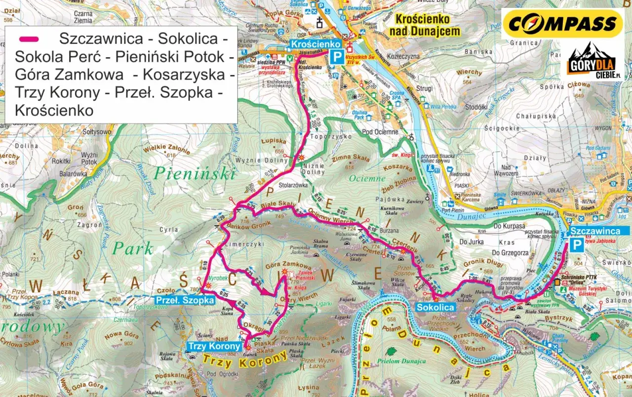 Mapa turystyczna Pienin z zaznaczonymi szlakami i atrakcjami: Trzy Korony, Sokolica, Szczawnica.