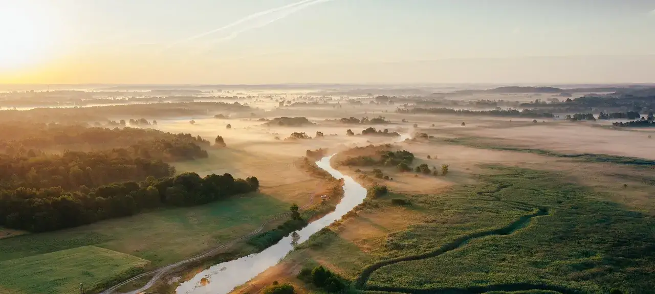 Mglisty poranek nad rzeką w Narwiańskim Parku Narodowym. Słońce przebija się przez mgłę, oświetlając malowniczy krajobraz.