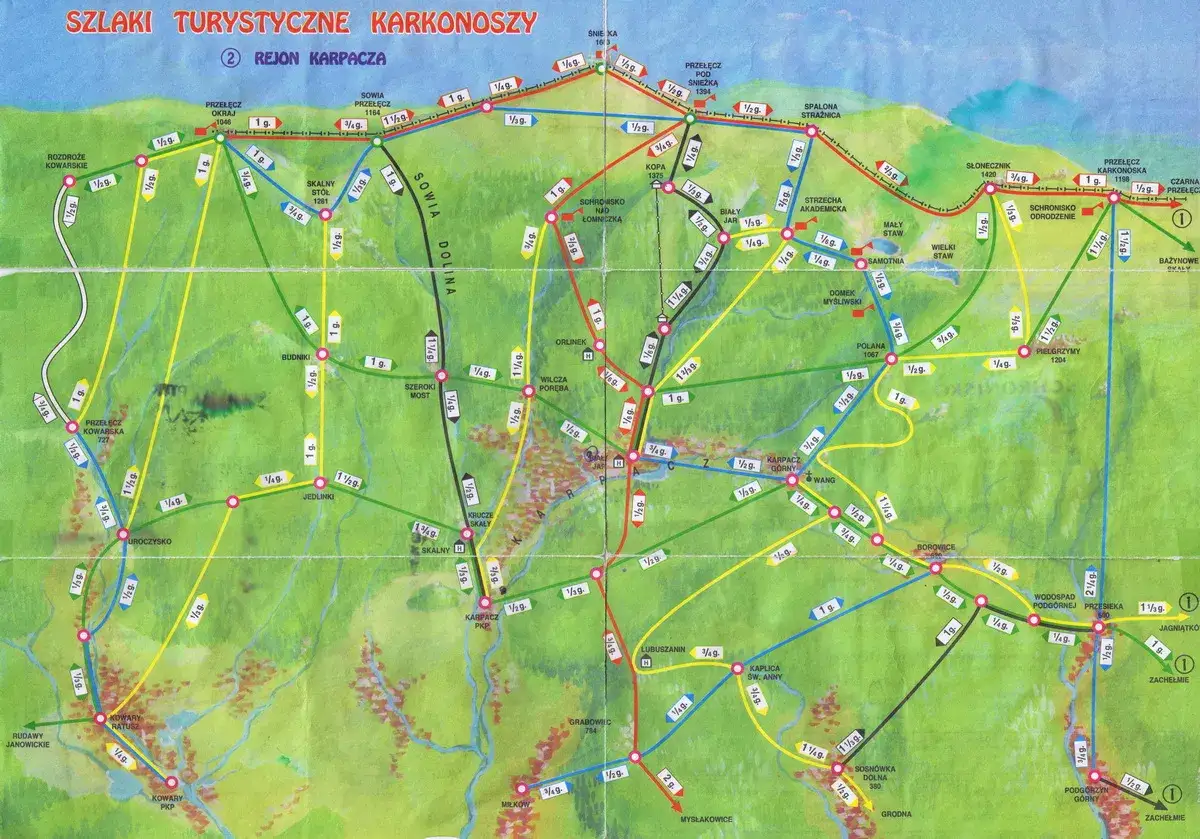 Mapa Karkonoszy z zaznaczonymi szlakami turystycznymi. Wiele ścieżek, w tym śnieżka trasa, prowadzi przez malownicze doliny i szczyty.