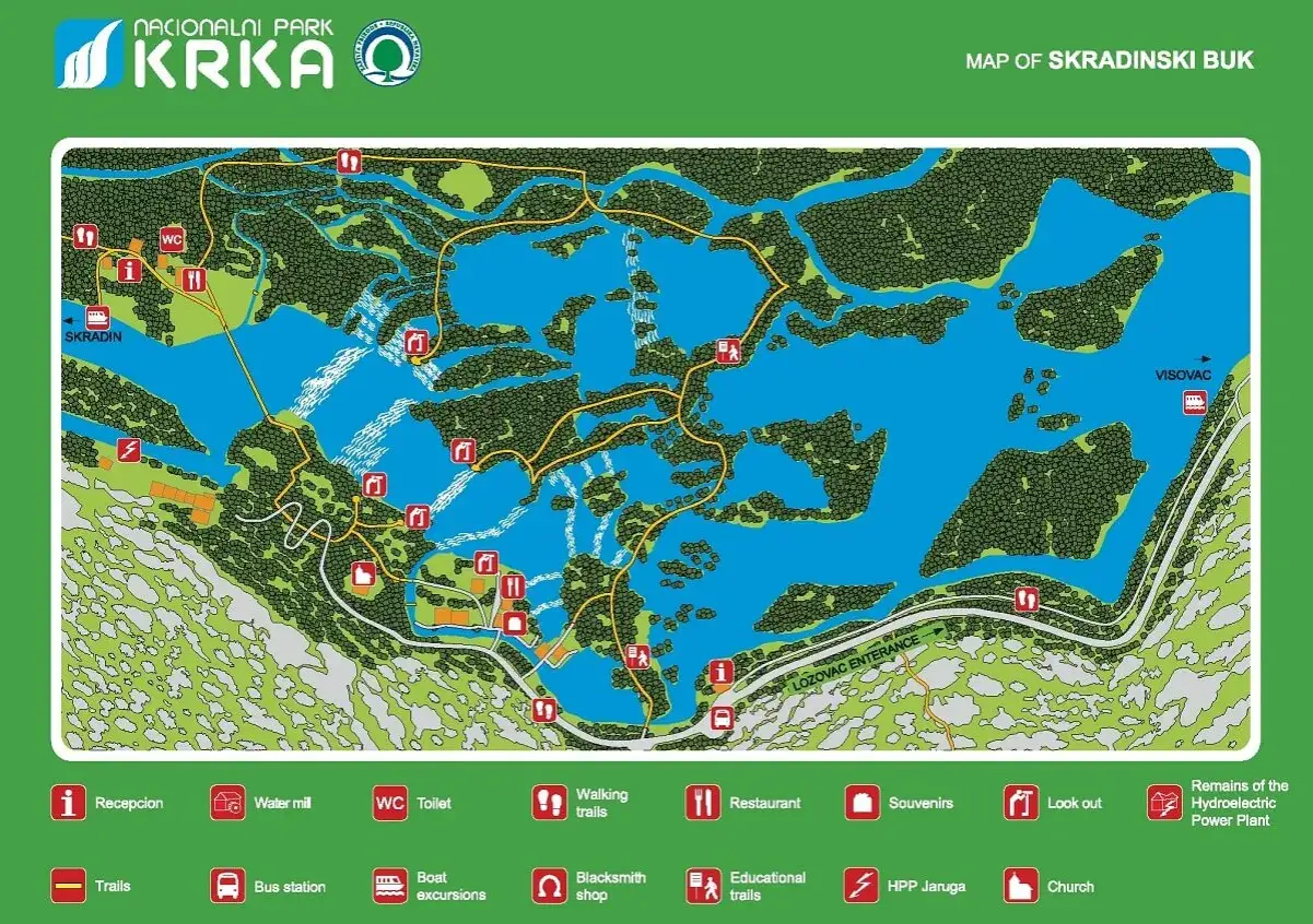 Mapa Parku Narodowego Krka, ukazująca szlaki, punkty widokowe, restauracje i inne atrakcje w rejonie Skradinskiego Buku.
