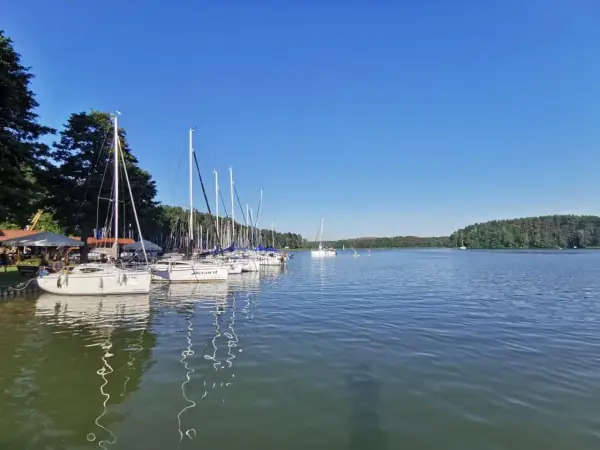 Żaglówki cumują w porcie w Rucianem Nidzie. Słoneczny dzień nad jeziorem, zalesiony brzeg w oddali.